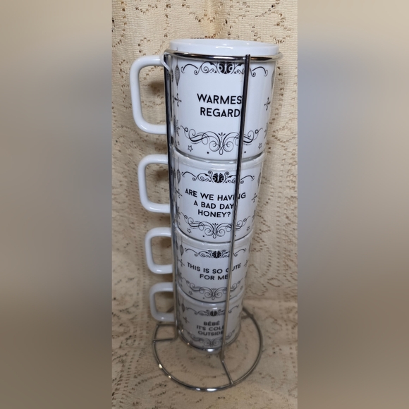 Schitt’s Creek Stackable Mug Set Metal Stand 4 Coffee Cups Quotes Portraits NWT - Picture 2 of 3